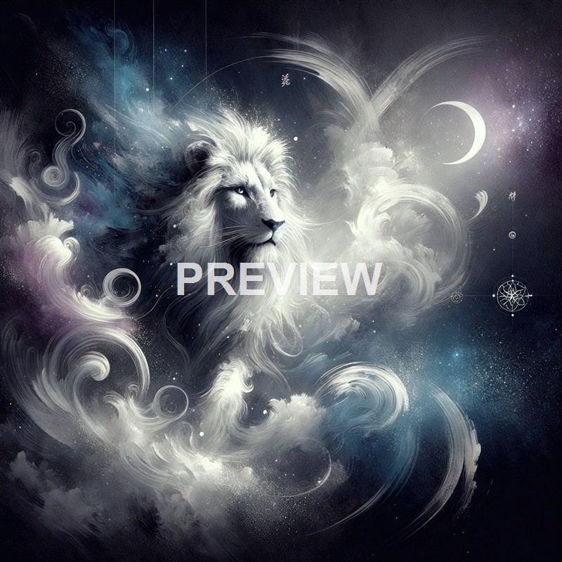 A majestic white lion's head appears to be emerging from swirling clouds and cosmic elements in a dreamy, celestial scene with a crescent moon and starry background.